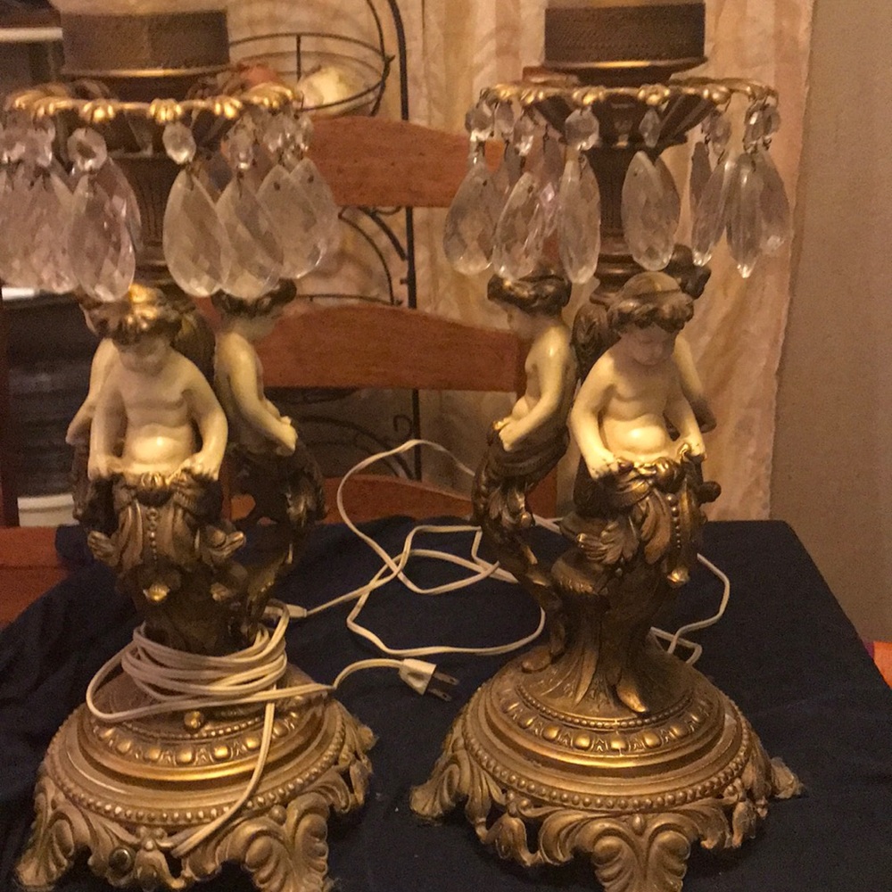 Vintage cherub table lamps possibly 1920s to 1940s with glass Shades Set of two